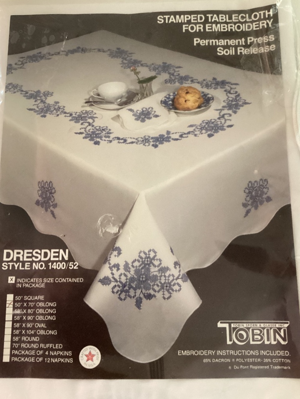 Dresden stamped embroidery tablecloth kit on cream fabric/Dresden blue floss